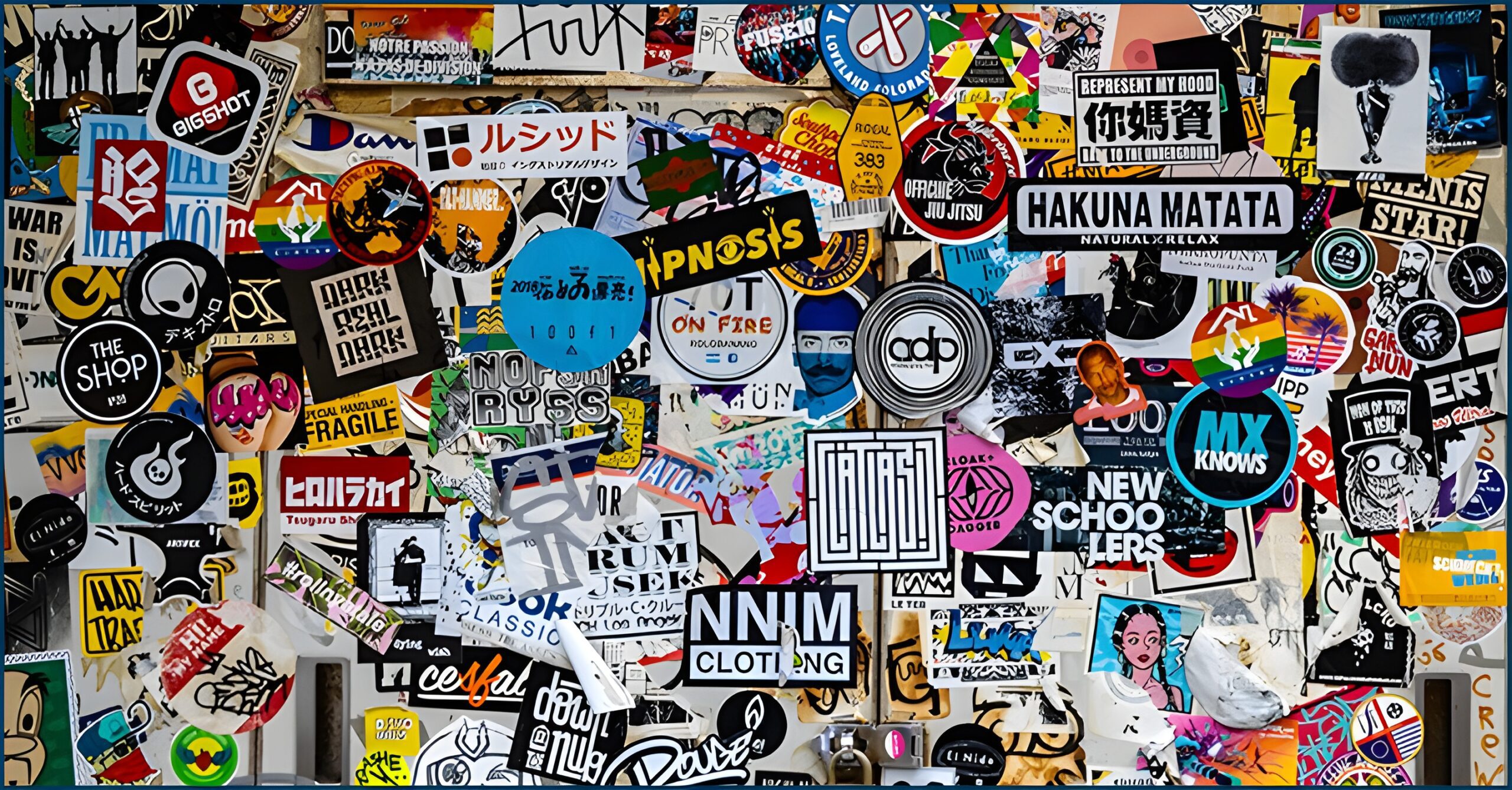 Colorful sticker collage on wall featuring logos, phrases, and indie artwork.